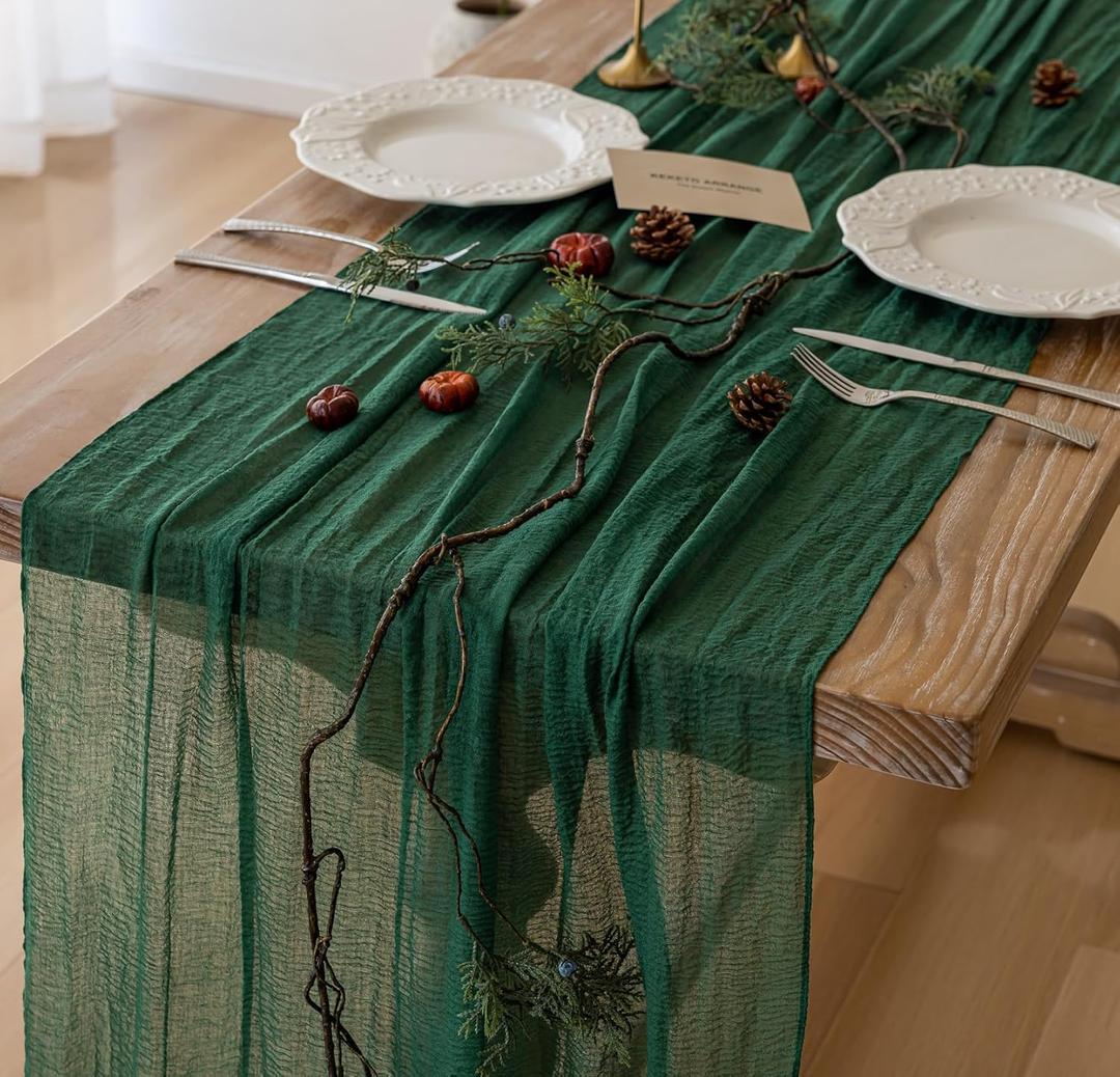 Table Runner Emerald Green Cheesecloth Gauze 120 Inch 10 FT Rustic Boho Cheese Cloth Table Runner for Wedding Baby Shower Bridal Shower Party Long Sheer Holiday Home Decorations