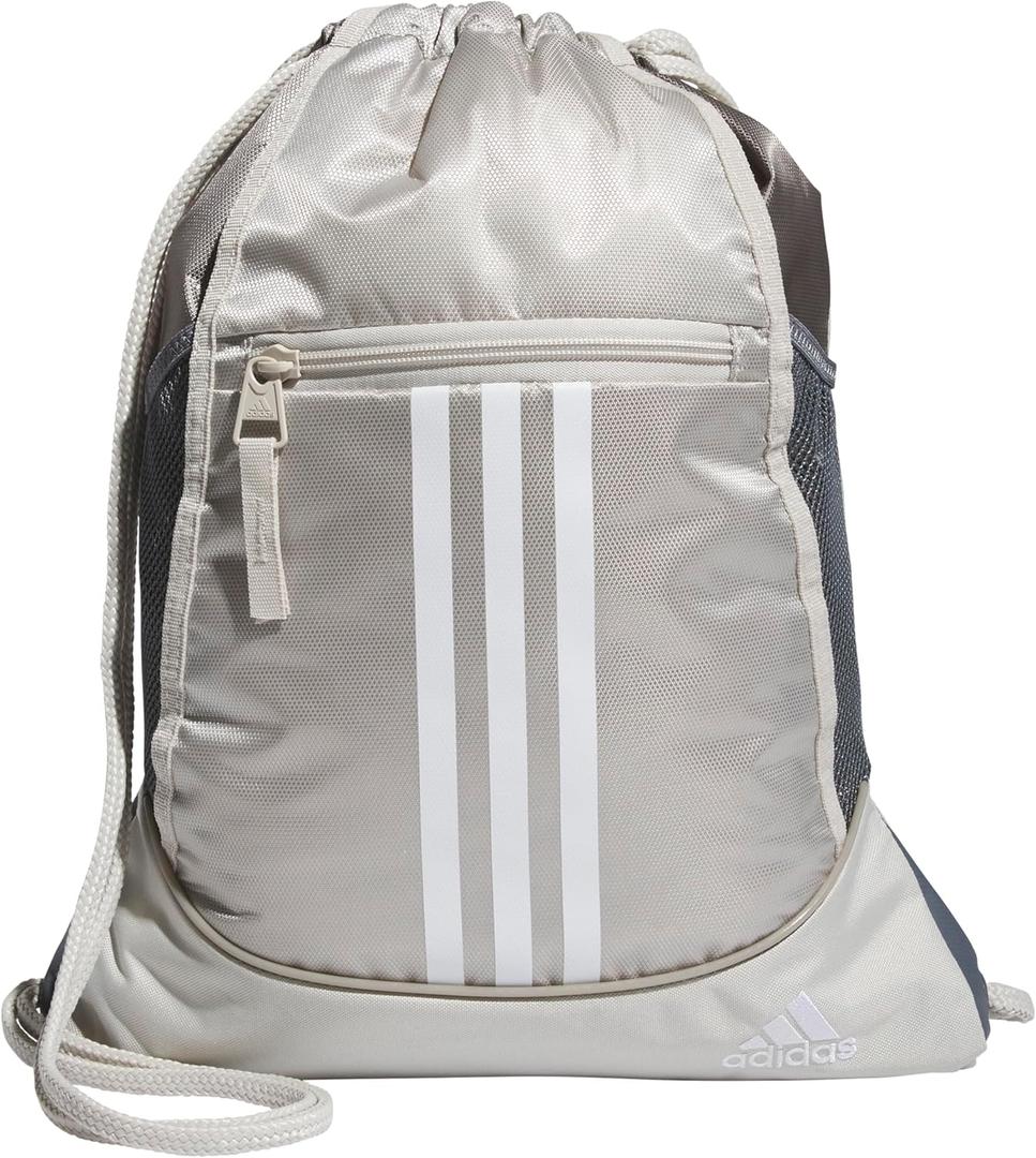 adidas Alliance Sackpack, Drawstring, Lightweight Small Gym Bag for Women, Soccer Backpack, Wonder Alumina Grey/Putty Beige/White, One Size