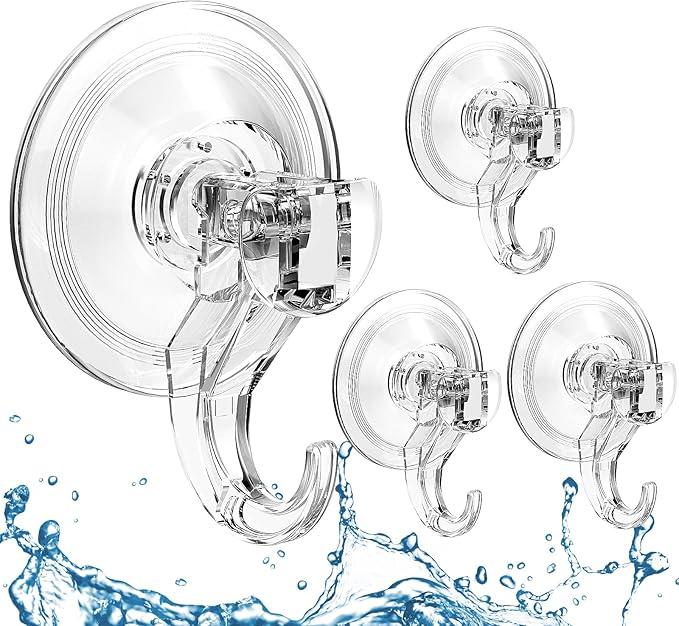 Quntis Suction Cup Hooks 4 Pack, MultiPurpose Clear Shower Suction Hooks Waterproof Heavy Duty Wreath Hanger for Bathroom, Window, Towel, Shower Wall, Tile, Glass Door, Camper Transparent