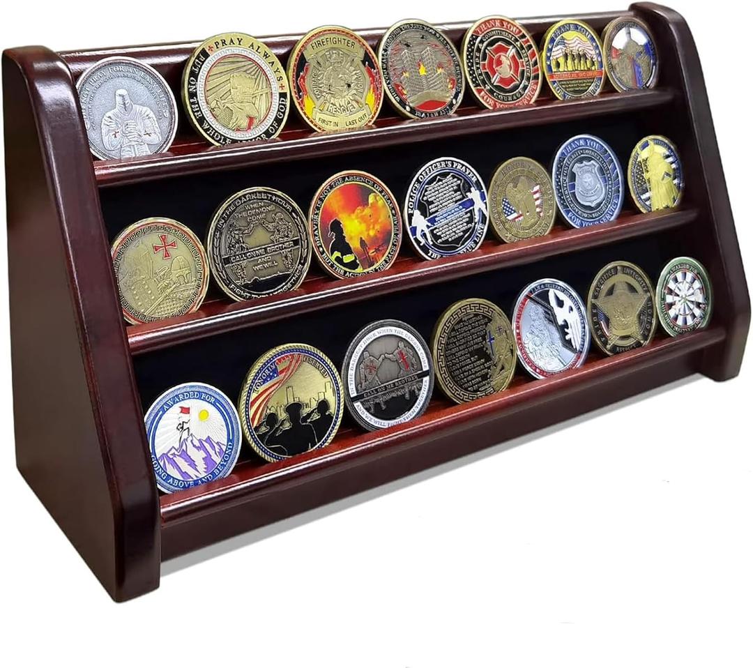 3 Rows Wooden Challenge Coin Wall Display Stand - Military Coin Holder Army Coins Rack, Holds 21-24 Coins, Mahogany