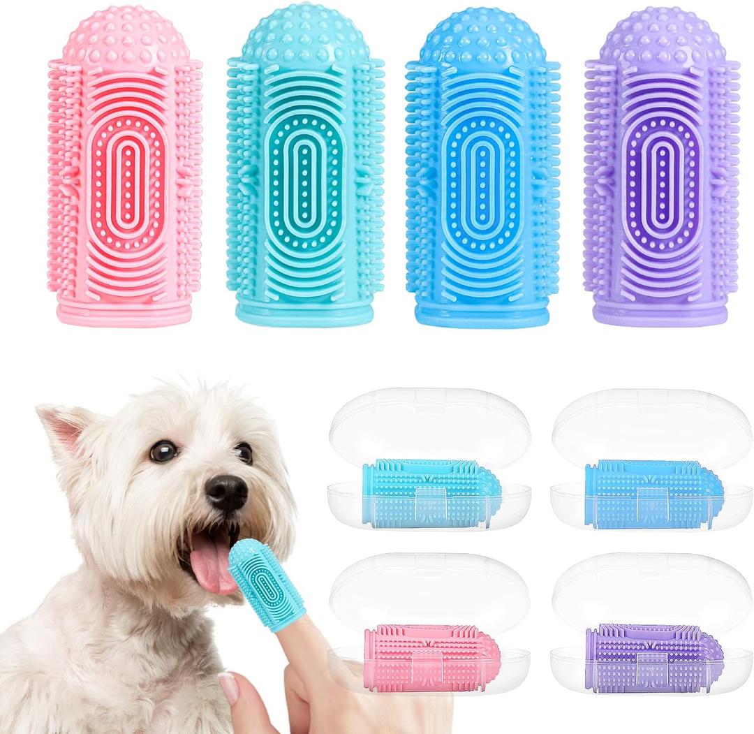 Dog Toothbrush 4 Pack Dog Tooth Brushing Kit Dogs Finger Toothbrush for Teeth Cleaning & Dental Care Cat Toothbrushs Doges Tooth Brush Puppy toothbrushs Pet Toothbrushes Finger Brush (Blue Green Pink Purple)