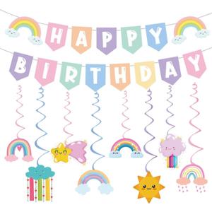 Pastel Rainbow Birthday Party Decorations,Colorful Happy Birthday Banner with Cute Rainbow Hanging Swirls for Girl Boy 1st 2nd Party Decor Supplies