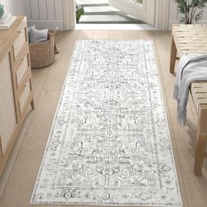 jinchan Lima Runner Rug 2x6 Washable Hallway Runner - Vintage Floral Non Slip Low-Pile Soft Ultra-Thin Kitchen Rug Distressed Carpet for Farmhouse Bedroom Entryway Laundry Room (2x6ft, Grey)