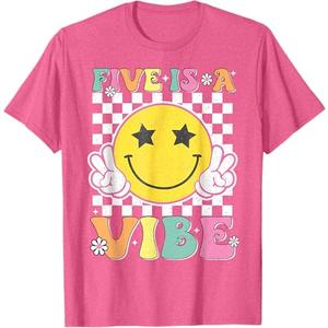 Five Is A Vibe 5th Birthday Groovy Boys Girls 5 Years Old T-Shirt (Pink-Heather) (Small, Men)