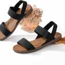 Veittes Women's Casual Flat Slide Sandals - Adjustable Elastic Strappy Double Bands Summer Flat Sandals, Size 11 (Black)