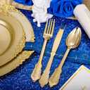 Morejoy 175PCS Solid Gold Plastic Plates with Gold Rim, Disposable Dinnerware Sets Include 25 Dinner Plates,25 Dessert Plates,25 Cutlery Sets,25Cups,25 Napkins Perfect for Party & Wedding