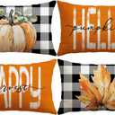 Artscope Fall Decorative Throw Pillow Covers 12x20 Inch Set of 4, Hello Happy Autumn Pumpkin Buffalo Plaid Maple Leaves Harvest Outdoor Farmhouse Pillow Cases for Home Sofa Couch-Orange B