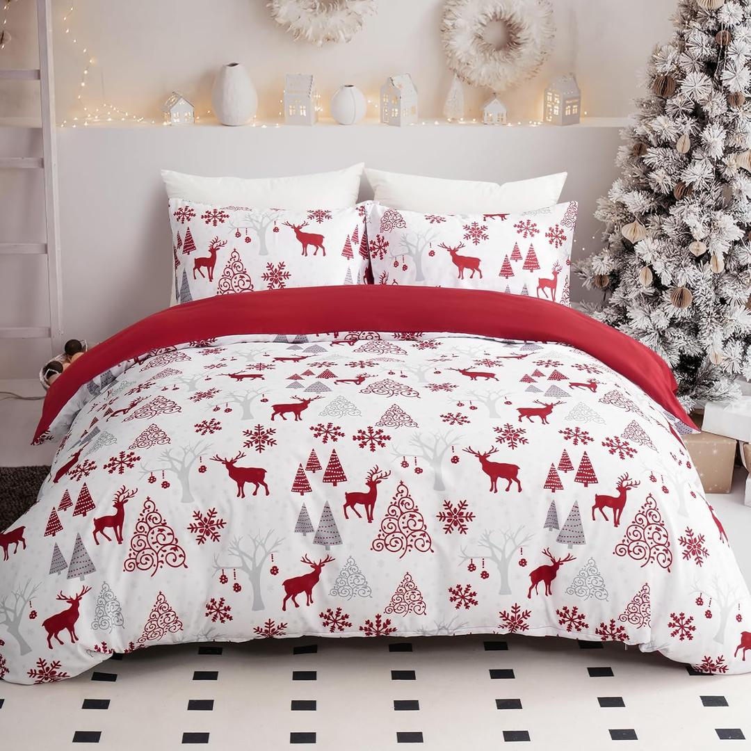 Drucon Christmas Duvet Cover Set King Reindeer Snowflakes Bedding Set Soft Microfiber Duvet Cover with 2 Pillowcases for Home Decoration (Red)