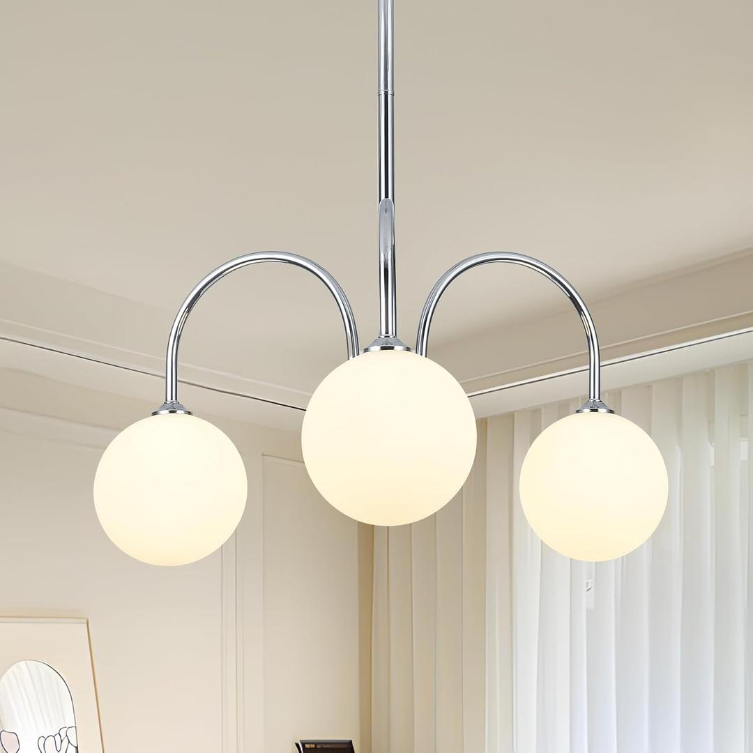 Nickel Sputnik Chandelier, 3 Light Mid Century Modern Chandeliers, Dining Room Chandeliers with Milk Glass Globe Shade, Globe Chandelier for Dining Room, Living Room, Bedroom, Foyer,Kitchen