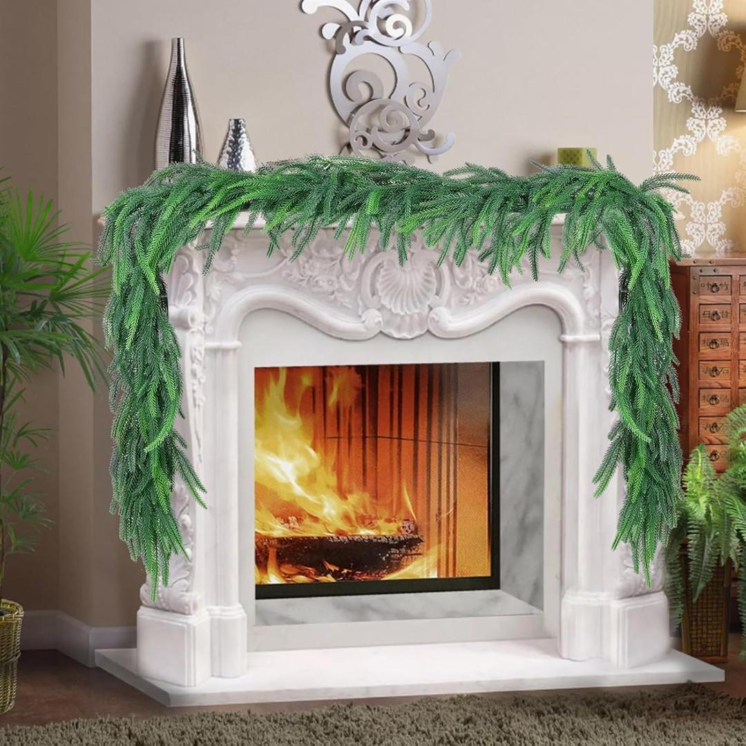 9 FT Prelit Christmas Garland Wreath for Mantle Decoration, Real Touch Winter Greenery Artificial Norfolk Garlands Home Decor for Table Mantle Wall Indoor Outdoor