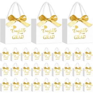 Moinchore 30 Pcs Graduation Gift Bags Bulk 5.5 x 4.7 x 2.5'' Small White and Gold Class of 2026 Treat Bags with Handles Bow Ribbon Congrats Grad Paper Party Favor Decorations for College High School