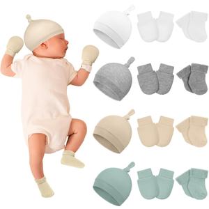 Ramede 4 Pack Preemie Hats Mitten and Socks Set Cotton Preemie Cap No Scratch Mittens Warm Terry Socks for Girls Boys (Multicolor)