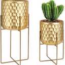 TRIROCKS Set of 2 Planters with Stand Indoor Outdoor Metal Plant Stand 8 * 18 &7 * 12 "Modern Planters Flower Pots for Living Room Corner Kitchen Office Garden Balcony Patio Decor(Gold)
