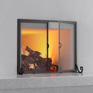 Fire Beauty Fireplace Screen with Hinged Doors, Powder Coated Steel Frame, Metal Mesh, Handcrafted Solid Steel,Decorative Design (L35xW28 inch)