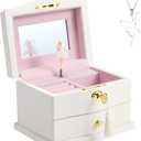 Ballerina Musical Jewelry Box with Mirror for girls and Women，Kid's Jewelry Storage Music Chest (White-L), Gifts for Birthday,Christmas and All Occasions