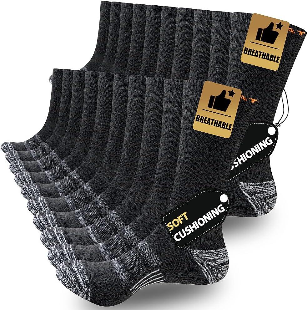 JOYNE 5/10 Pairs Mens Lightweight Athletic Crew Cushioned Breathable Work High Calf Long Boot Socks (Black)