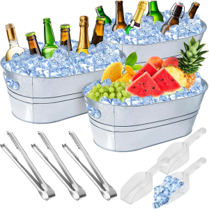 4 Gallon Ice Buckets for Parties, IKAYAS Galvanized Metal Ice Bucket Ice Tub with Scoop for Cocktail Bar Mimosa Bar Supplies, Large Champagne Bucket Beer bucket Metal Tub 2pk