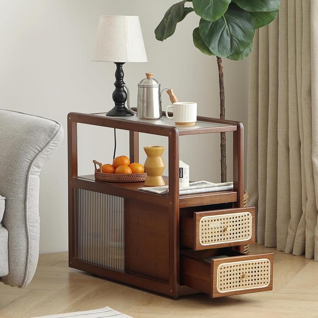 Furlide Rattan Nightstand Side Table with Storage, Bamboo Nightstand Bedside Table, Glass Mid Century Modern End Tables for Small Spaces, Living Room, Bedroom，Walnut