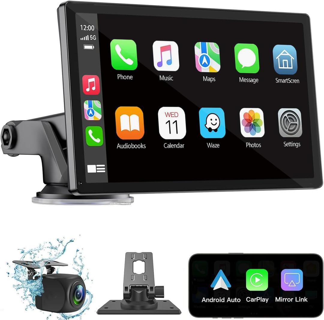 VUKARUAL Wireless Carplay and Android Auto Screen for Car, 7" HD Portable Touch Screen Car Stereo with Bluetooth, Backup Camera, Navigation, Mirror Link for All Vehicles