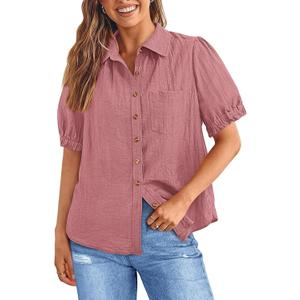 PRETTYGARDEN Womens Summer Short Sleeve Button Down Shirts V Neck Collared Casual Blouse Tops with Pockets