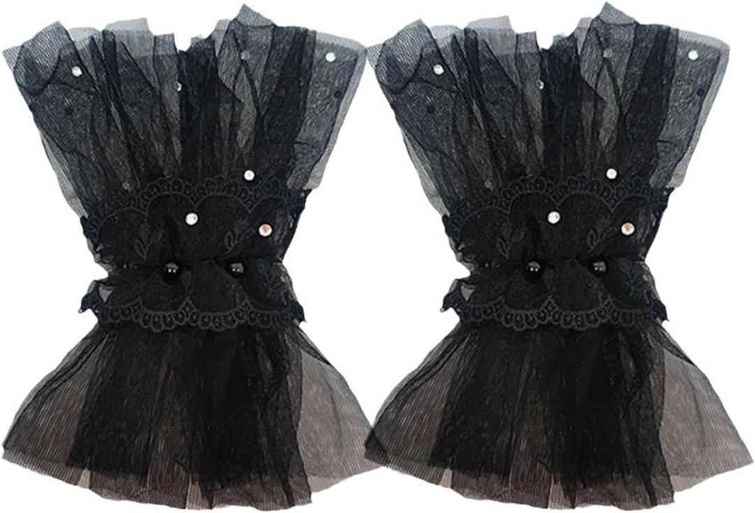 2 x Short Lace Fingerless Gloves,mesh gothic Black Hand Sleeve, Vintage Sexy Wedding Cuffs for Women Masquerade Halloween Party (Black)