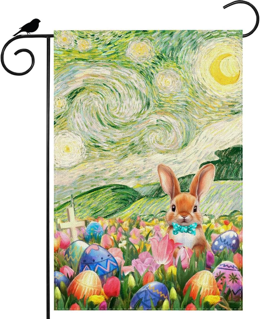 7 x Eggs Flowers Bunny Oil Painting Starry Night Sky Moon Easter Garden Flag 12x18 Inch Double Sided Small Mini Yard Flag Outdoor Outside Holiday Party Decoration