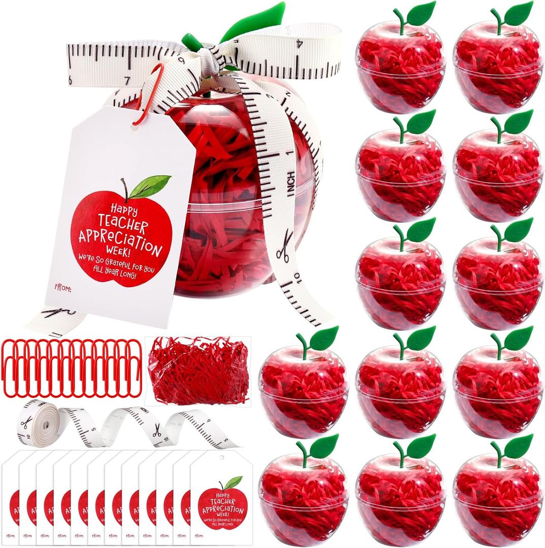 Briwooody 12 Sets Clear Apple Gift Boxes for Teacher Appreciation Week, Plastic Candy Containers Bulk with Tags, Thank You Teacher Gifts for Staff Classroom Party Favors