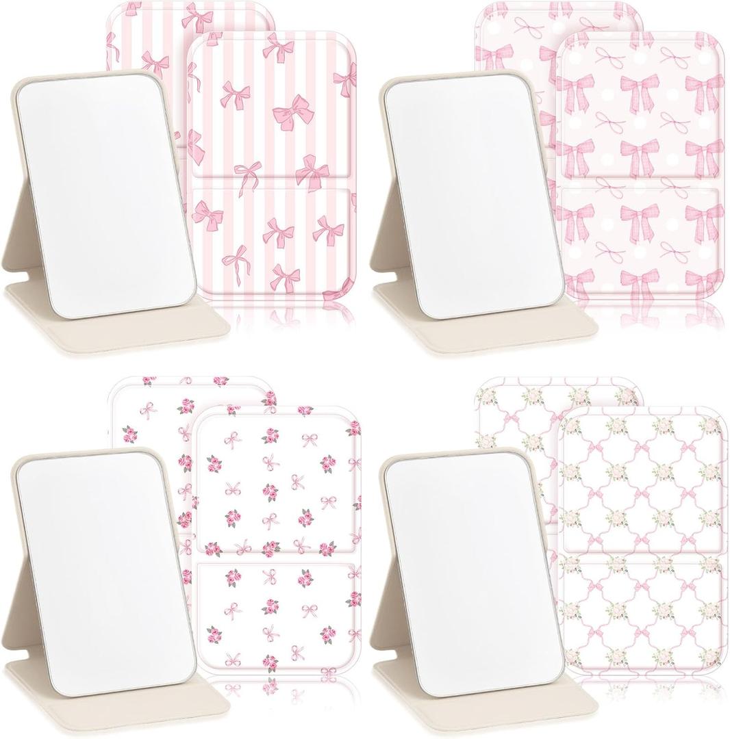 Geelin 12 Pcs Compact Mirror Bulk Mini Pocket Mirrors for Women Travel Folding Mirror Portable Hand Mirrors for Party Gift Camping Office Home(Pink Bow)