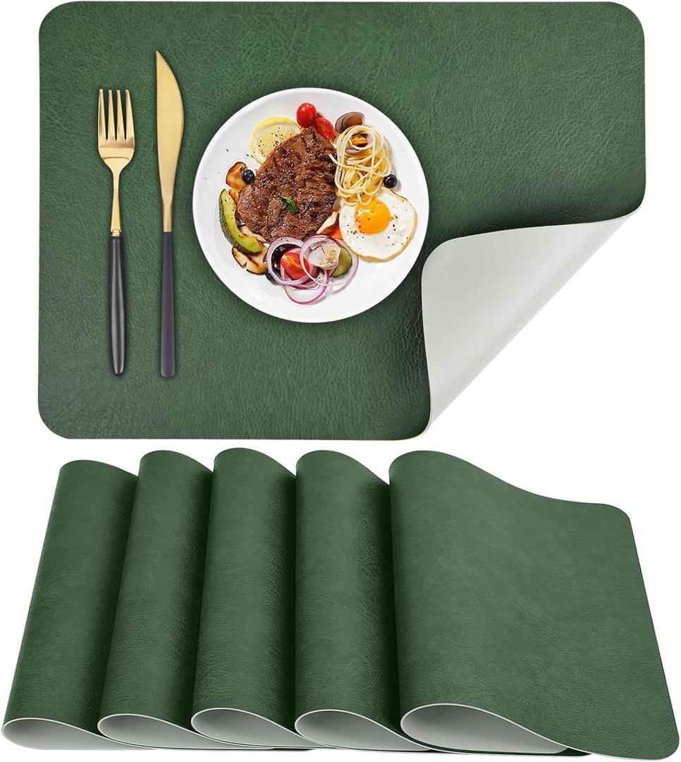 AAPLKER Faux Leather Placemats Set of 6, Vinyl Placemats Wipeable Waterproof Oil-Proof Table Mats, Heat Resistant Place Mats for Kitchen Indoor Outdoor, 16.9 x 11.8 Inch (Green/Grey)