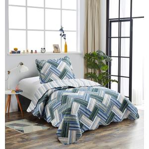 Brilliant Sunshine Teal Herringbone Patchwork, 2-Piece Quilt Set with 1 Sham, Reversible Bedspread, Soft Lightweight Coverlet, All-Season, Twin, Teal