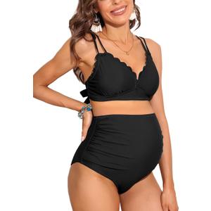 Charmo Scalloped Maternity Bikini Swimsuit Two Piece High Waist Ruched Pregnancy Bathing Suit Cute V Neck Swimwear (Medium, 1a#black)
