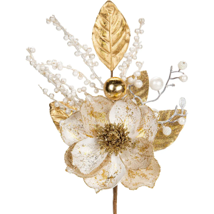 Briful 3PCS Christmas Glitter Magnolia Flowers Picks and Spray with Christmas Balls Ornament Berries Gold Leaves Branches for Xmas Tree Wreath Vase Centerpiece Floral Arrangement (White Gold)