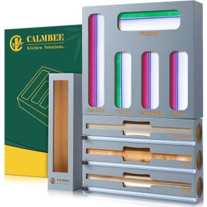 Calmbee 9 in 1 Bamboo Storage Bag Organizer for Kitchen Drawer – Plastic Wrap Dispenser with Cutter & Foil Organizer, Wooden Baggie Organizer for Sandwich, Snack, Gallon, Quart Sizes, Grey