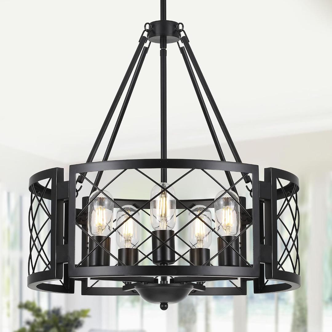 Sigaitwei 5-Light Farmhouse Chandelier Rustic Black Chandelier for Dining Room,Adjustable Pendant Light,Drum Chandelier for Kitchen Island Entryway Bedroom Hallway,18.9'',E26.