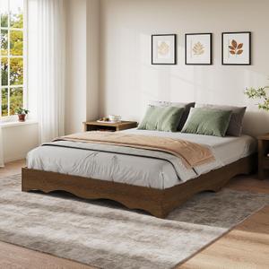 Garvee Queen Wood Platform Bed Frame, Wooden Bed Frame Without Headboard, Wave Edge Bed with Sturdy Slat Support, Noise-Free Design, No Box Spring Needed, Easy Assembly