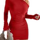 GOBLES Women's Sexy Off The Shoulder Slope Neck Long Sleeve Ruched Bodycon Mini Club Dress Red, XL