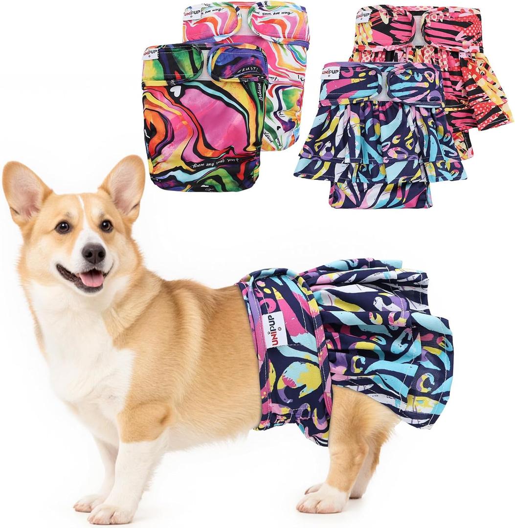 Female Dog Diapers Reusable No Tail Hole Period Panties Washable Diapers Female for Docked-Tail Frenchie French Bulldog Boston Terrier Without Tail (2 Pack Regular+2 Pack Skirts) U-WWDQB01L