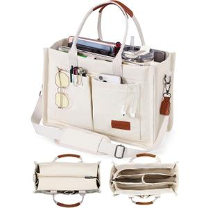 FIORETTO Canvas Tote Bag for Women with Zipper Closure & Individual Compartments for Work College for Teacher & Nurse (Medium, Beige)