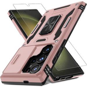 DEERLAMN Case for Samsung Galaxy S25 Ultra with Slide Camera Cover+Screen Protector (1 Pack), Rotated Ring Kickstand Military Grade Shockproof Protective Cover-Rose Gold (S25 Ultra-6.9 Inch)