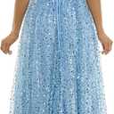 Women's Sleeveless Embellished V Neck Lace Back Tulle Gown (Blue), Size 9-10