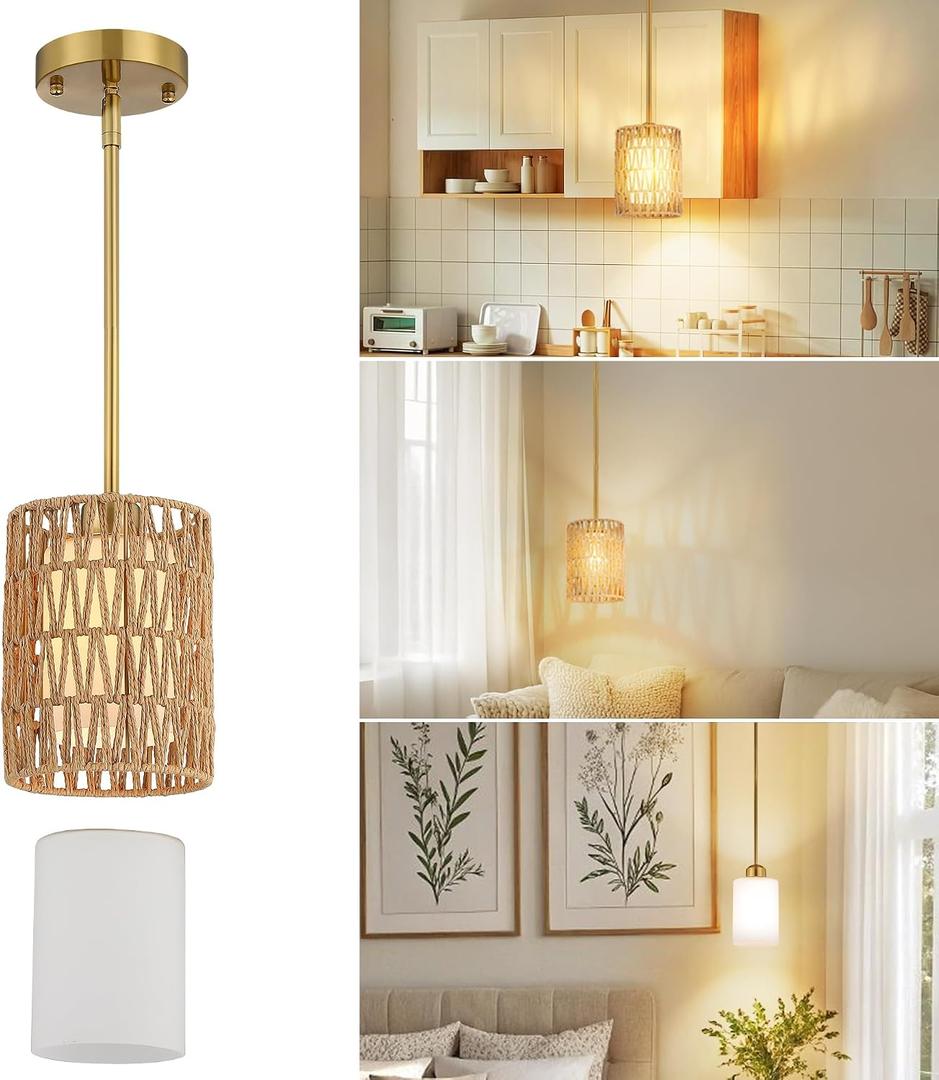 6" Gold Rattan Pendant Light, Boho Hanging Lamp with Adjustable Height, 2-in-1 Rattan & Glass Shade, Farmhouse Chandelier, Easy Installation, Ideal for Kitchen Island, Living Room, Bedroom