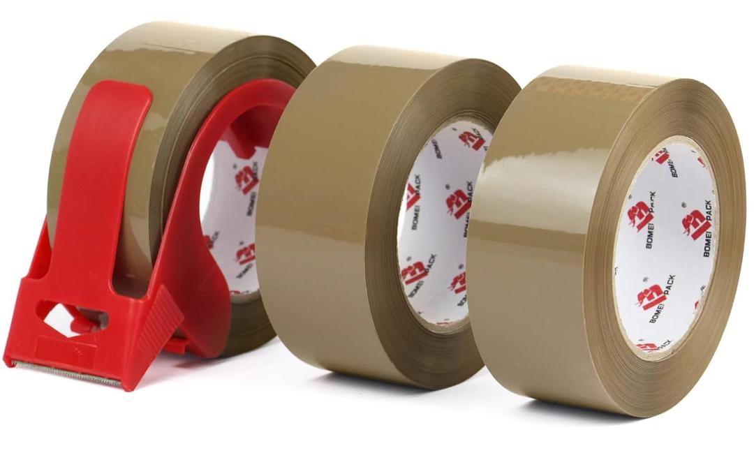 BOMEI PACK Heavy Duty Brown Packing Tape with Dispenser, 2.6 mil, 1.88 inch x 110 Yards (3 Pack), Total 330Y, Brown Tape Refills for Shipping, Mailing, Moving & Storage