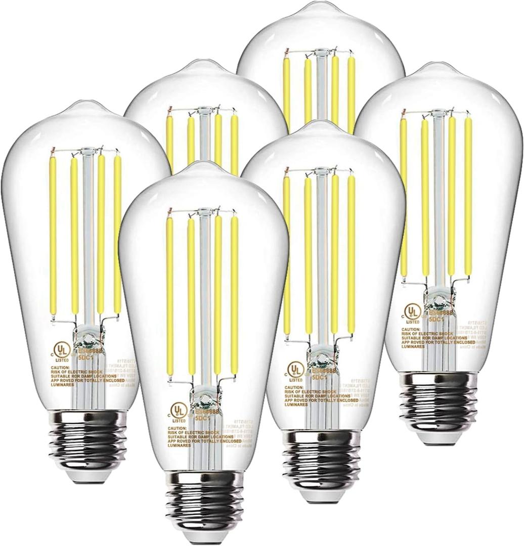 TJOY 6 Pack E26 Base Vintage LED Edison Light Bulbs, 60W Equivalent Dimmable, 4000K Natural White, 8W ST58 LED Filament Bulbs, 800Lumens, CRI80+, Antique Glass Style for Home, Bedroom, Farmhouse