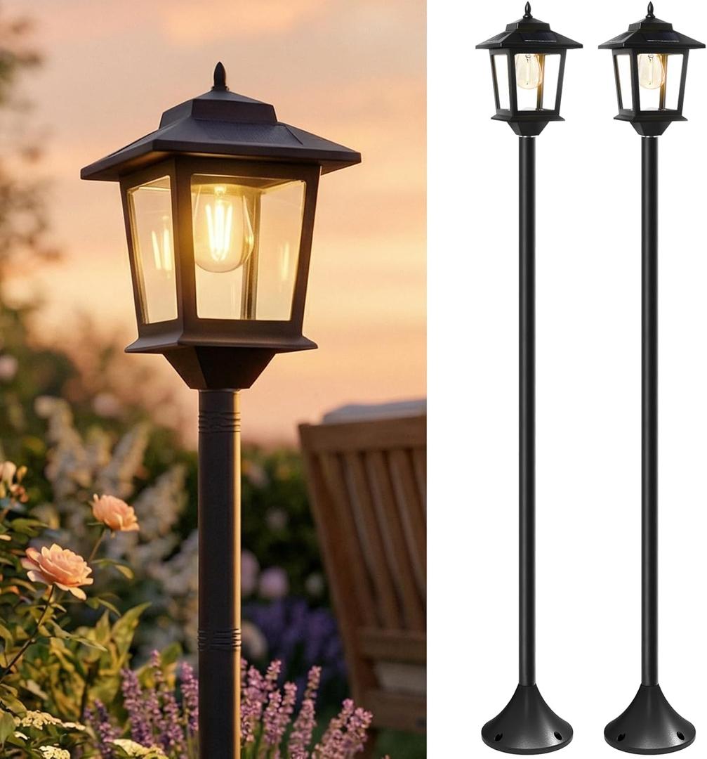 PASAMIC Outdoor Solar Post Lights, 2-Pack 63" Dusk to Dawn Solar Lamp Posts, Waterproof Floor Lamps, Warm White Pole Lights for Patio with Replaceable Bulb (Black)