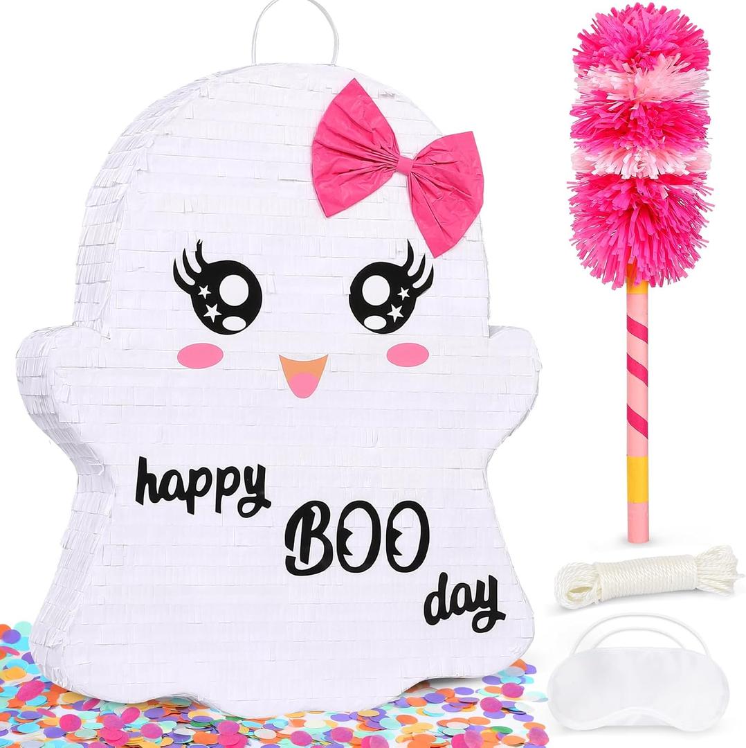 Large Halloween Ghost Pinata - 20"  16.3" Happy BOO Day Design - Halloween Piata Kit Stick, Rope, Blindfold, Confetti for Trick-or-Treating Party & Kids' Events