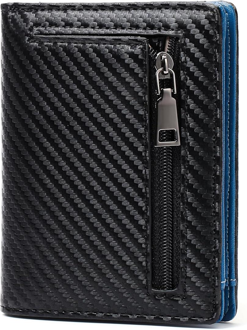 GAEKEAO Mens Wallet Slim Bifold RFID Blocking Thin Credit Card Holder Genuine Leather Minimalist Front Pocket Wallets for Men with Zipper Coin Pocket (Type 1 Black & Blue)