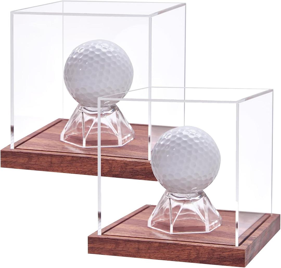LITY 2 Pack Golf Ball Display Case, No Assembly Required Clear Cube with Solid Wooden Base, Autograph Golf Ball Stand Box for Single Ball