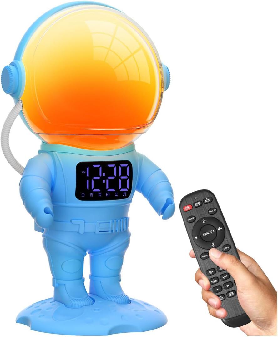 Astronaut Wake Up Light Sunrise Alarm Clock for Kids, Heavy Sleepers, Bedroom, Gradual Sunlight Alarm Clock with Sunrise Simulation, 22 Night Lights, 30 Natural Sounds, Gift Idea(Blue+Remote Control)