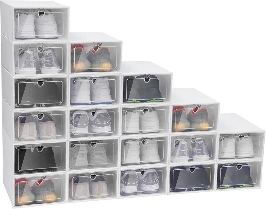20 Pack Shoe Box Stackable Shoe Storage Organizer 13''×9''×5.5'' Closet Clear Plastic Shoe Cubby Bins with Acrylic Lids White Foldable Door Shoe Display Case Containers