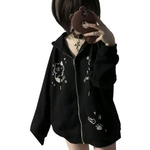 Dynict Womens Y2K Zip Up Cute Graphic Hoodies Cat Ears Casual Cartoon Harajuku Kawaii Clothes Oversize Streetwear Jacket (Black, M)